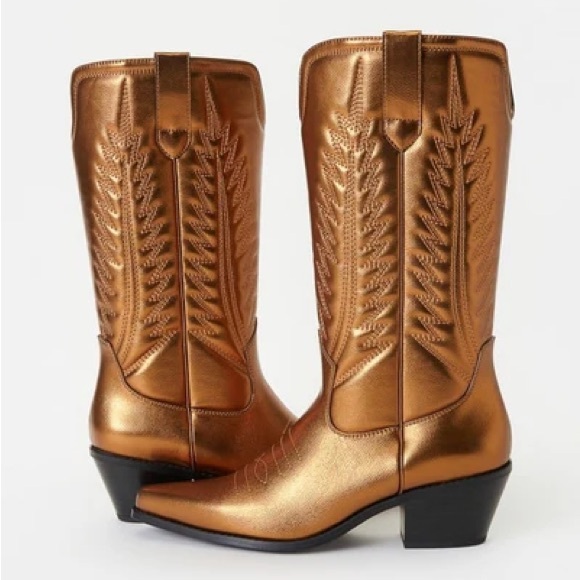 New - Zahra Western Metallic Bronze Heeled Cowboy Boots - Picture 5 of 8